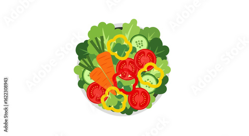 Vibrant vegetable salad illustration showcases fresh ingredients in a flat, stylized depiction for healthy eating promotion and dietary awareness