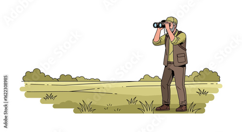Man with binoculars in grassy field illustrating exploration and observation during outdoor activities or scientific research