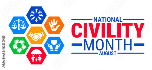 national civility month background, banner or poster design template. observed every year in August. Holiday concept. Use to any Template, card, poster, placard, template.