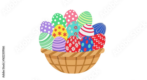 Festive Easter basket filled with colorful decorated eggs for springtime celebration of joyful holiday traditions and renewal