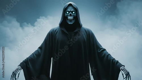 Mysterious skeleton figure in a dark cloak emerging from eerie fog, evoking a sense of dread