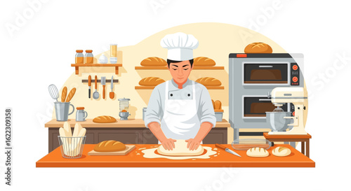 Dedicated baker diligently kneads dough in a vibrant kitchen setting surrounded by baking equipment and freshly baked bread