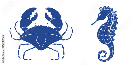Sea animals collection with crab and seahorse. Vector hand drawn in silhouette illustration in Mediterranean blue ink style for packaging design, cards, stickers, print isolated on white