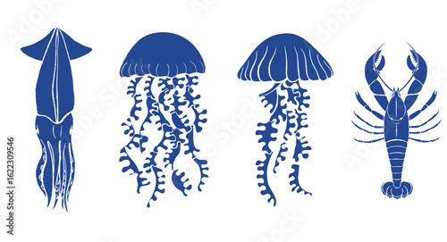 Sea animals collection with squad, jellyfish and lobster. Vector hand drawn in silhouette illustration in Mediterranean blue ink style for packaging design, cards, stickers, print isolated on white