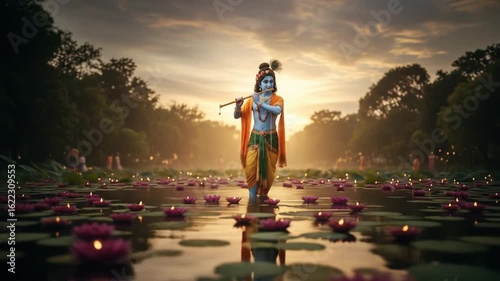 Serene Krishna Plays Flute Amidst Floating Lotuses and Candles at Sunset