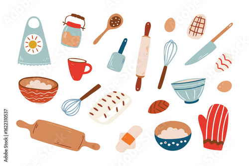 Baking Utensils: An illustrated collection of charming baking tools and ingredients, inviting warmth and the promise of homemade goodness.