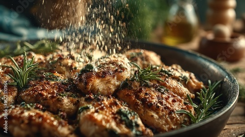 Roasted chicken breasts, seasoned with herbs and spices, being sprinkled with seasoning