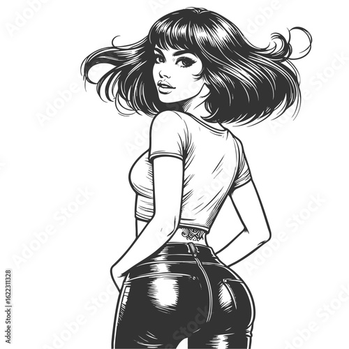 young woman in a crop top and tight jeans, turning with attitude and glamour sketch engraving generative ai fictional character vector illustration. Scratch board imitation. Black and white image.