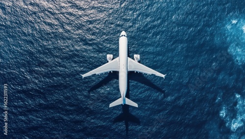 Aerial view of airplane over ocean waters