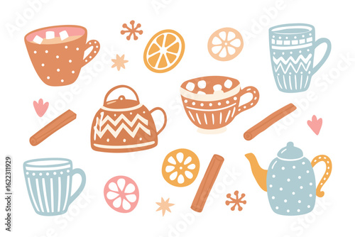 Cozy Beverage Collection: A whimsical collection of mugs and teapots, adorned with cheerful patterns. Accompanying the ceramic delights are citrus slices and cinnamon sticks.