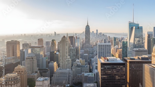 Expansive aerial view of a dense urban cityscape with towering skyscrapers under a bright sky