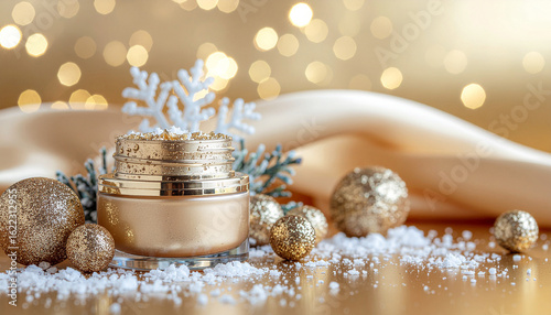A close-up of a gold cream jar against the background of winter season atmosphere.
