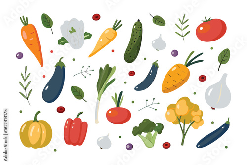 Vibrant Vegetable Medley: A colorful collection of fresh, organic vegetables, arranged in a dynamic and appetizing display. This illustration celebrates the diversity of the garden's bounty.
