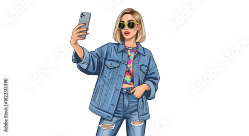 Stylish Woman Capturing a Selfie in Denim Outfit: A Modern Portrayal of Casual Elegance and Self-Expression through Digital Photography, Perfect for