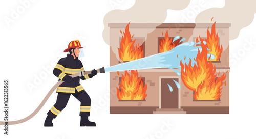 Brave Firefighter Battling Building Blaze with Powerful Water Hose Illustration against Devastating Flames and Smoke Vector Representation Depicting