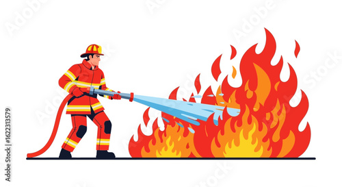 Brave firefighter extinguishing flames, illustration showcasing fire safety measures and emergency response situations through vector art