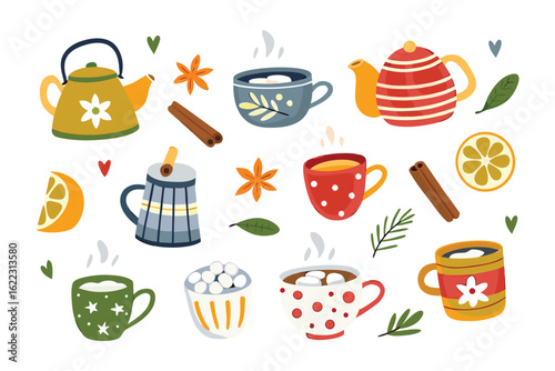 Warm Beverage Collage: A whimsical and inviting collage featuring an assortment of hot beverages, teapots, and delightful garnishes, evokes cozy moments, perfect for warming the soul.