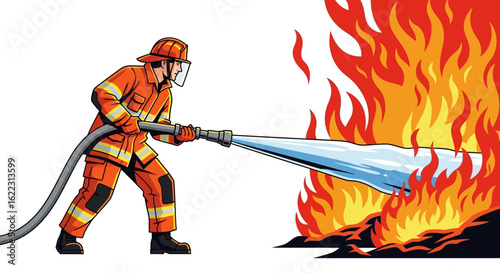 Brave firefighter heroically battling raging flames with focused determination and advanced equipment showcasing preparedness and urgency in