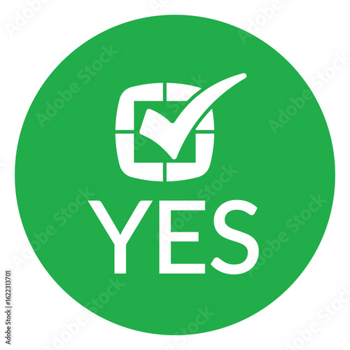 Modern green circle with bold white check mark above the word "YES" in sans-serif font. Flat, minimalist design with high contrast, conveying clear positive affirmation.