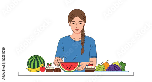 Illustration of a young woman with assorted fruits offering a balanced dietary concept, healthy choices and well-being with a variety of vitamin
