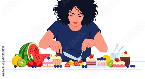 Delightful culinary scene of a dark-haired woman surrounded by delicious treats and fresh fruit, indulging in the joy of cutting and preparing a