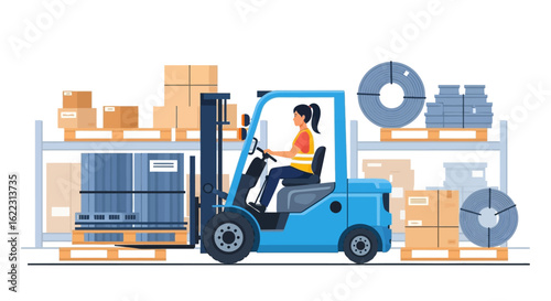 Warehouse Operations Featuring a Female Forklift Operator and Stocked Shelves Illustration