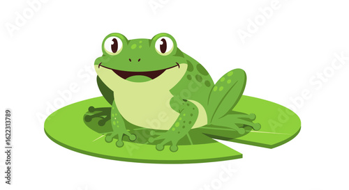 Cartoon Green Frog Sitting Peacefully on Lily Pad with Happy Expression Illustration