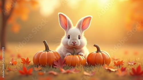 Fluffy bunny resting peacefully near three vibrant orange pumpkins in a warm autumn setting, with scattered red, yellow, and brown leaves on a golden field, soft natural sunlight highlighting 