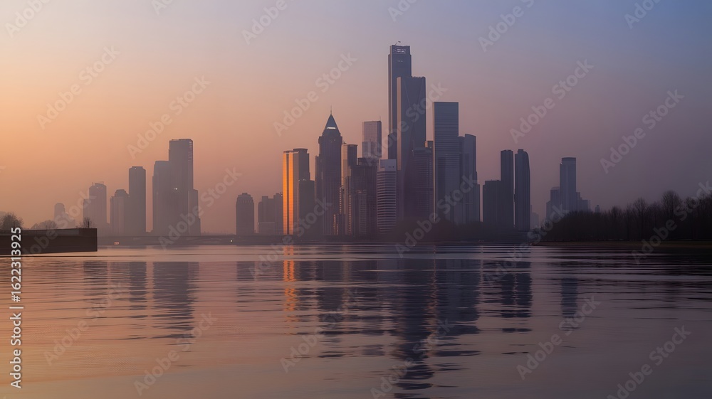 Fototapeta premium Modern city skyline reflected in calm water at sunset with warm orange and purple hues