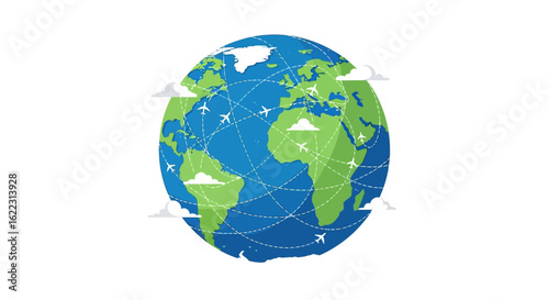 Stylized globe illustration showcasing global connectivity through air travel and networks, highlighting travel accessibility and worldwide logistics