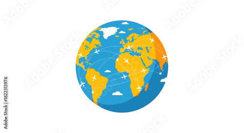 Global air travel network with connecting flight routes and planes spanning continents illustration representing international business connections
