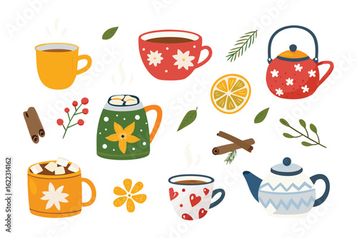 Cozy Collection of Tea and Hot Drinks: An assortment of festive mugs, teapots, and complementary elements captures the warmth and comfort of a relaxing tea time.