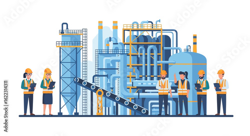 Industrial Infrastructure Illustration with Team of Engineers Reviewing Factory Operations