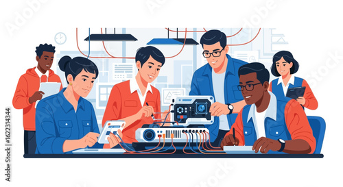 Diverse team collaborating on an engineering project developing high tech device design in a modern laboratory environment