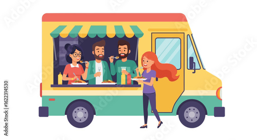 Cheerful Friends Enjoying Food Truck Cuisine Together Amidst a Vibrant and Playful Setting