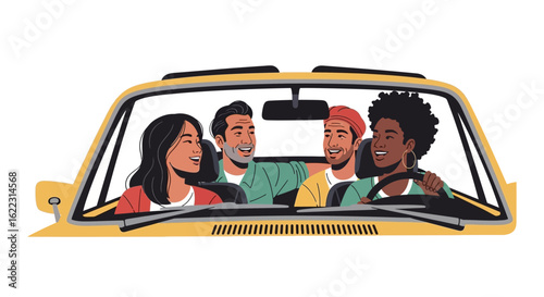 Vibrant illustration showcasing four diverse friends joyfully embarking on a road trip together
