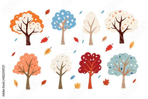 Autumnal Trees: A delightful collection of stylized trees, each adorned with vibrant foliage in a captivating array of colors, complemented by scattered autumnal leaves