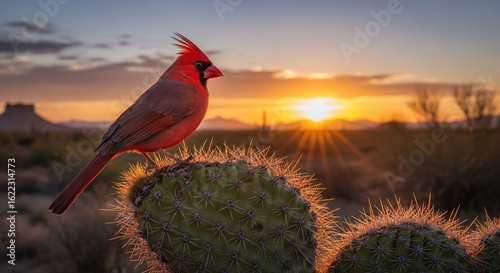 Vibrant Red Cardinal Perched on Prickly Pear Cactus at Sunset