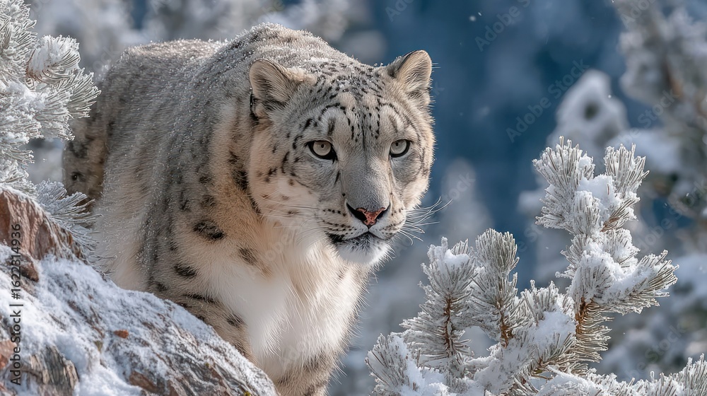 Fototapeta premium Snow leopard on snowy mountain