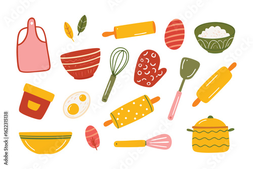 Culinary Essentials: A delightful array of baking essentials arranged artfully.  Whisks, rolling pins, bowls, and other tools of the trade form a mouthwatering arrangement. 