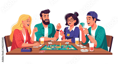 Illustration of cheerful friends enjoying a fun board game gathering at a cozy table game night concept