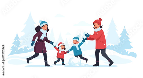 Joyful family scene: Mothers and children engage in playful snowball fight, capturing winter merriment and holiday happiness in a snowy landscape