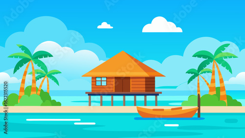Wooden Bungalow on Stilts Over Calm Water Vector