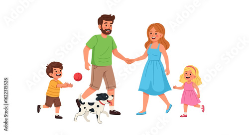 Cartoon family enjoying outdoor time with a playful dog on white background for website content