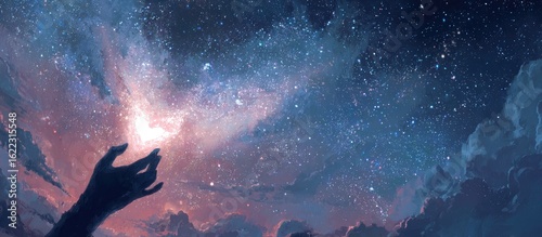 A hand reaching for the starry night sky