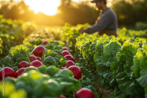 Man standing in radish field.