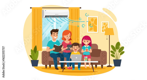 Illustration of family enjoying air conditioning in living room creates a feeling of comfort and well-being during leisure time and relaxation at home