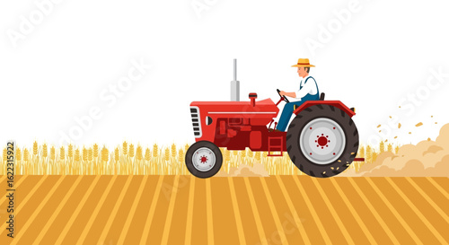 Illustration of a farmer driving a tractor through a wheat field in the countryside farming scenery agriculture field vector design landscape