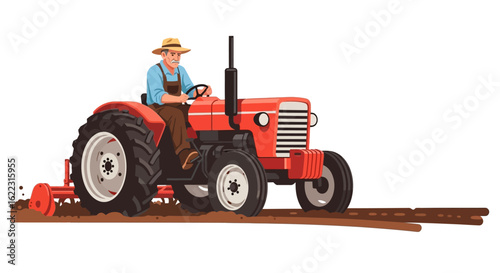 Classic tractor cultivating field under blue skies, epitomizing the dedication and hard work of agricultural life in rural landscapes