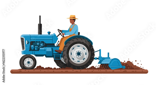 Farmer on a Blue Tractor Tilling the Land: A Vector Illustration Showcasing Agricultural Practices and Rural Life